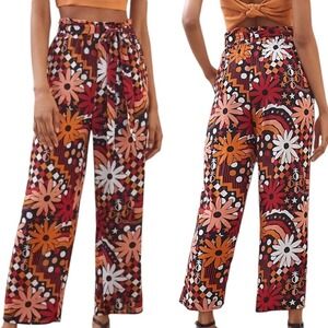 Anthropologie women's medium Farm Rio Daisy floral Wide-Leg paper bag tie Pants